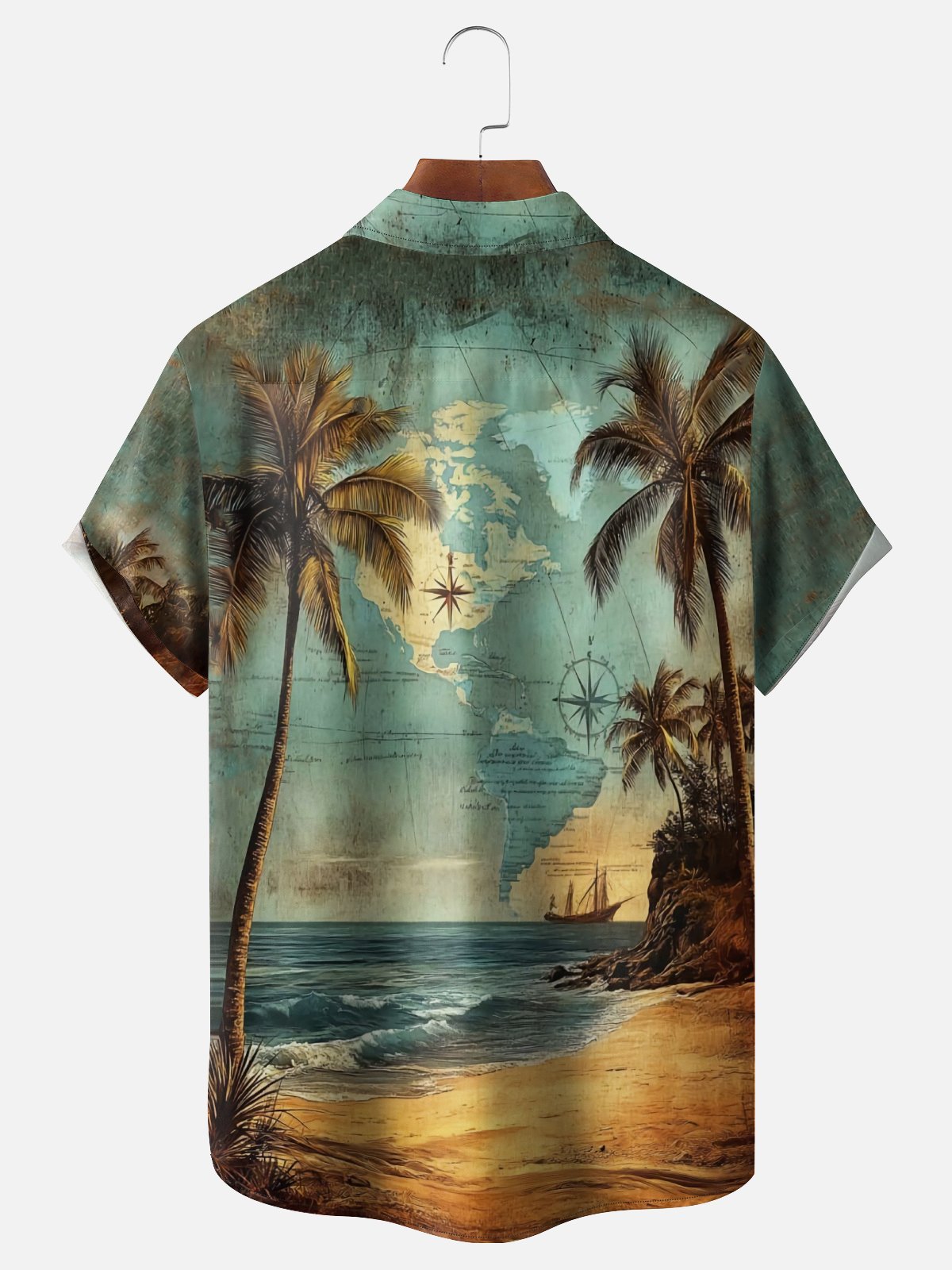 Moisture Wicking Coconut Tree Vintage Fishing Beauty Map Chest Pocket Hawaiian Shirt