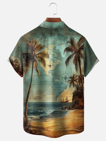 Moisture Wicking Coconut Tree Vintage Fishing Beauty Map Chest Pocket Hawaiian Shirt