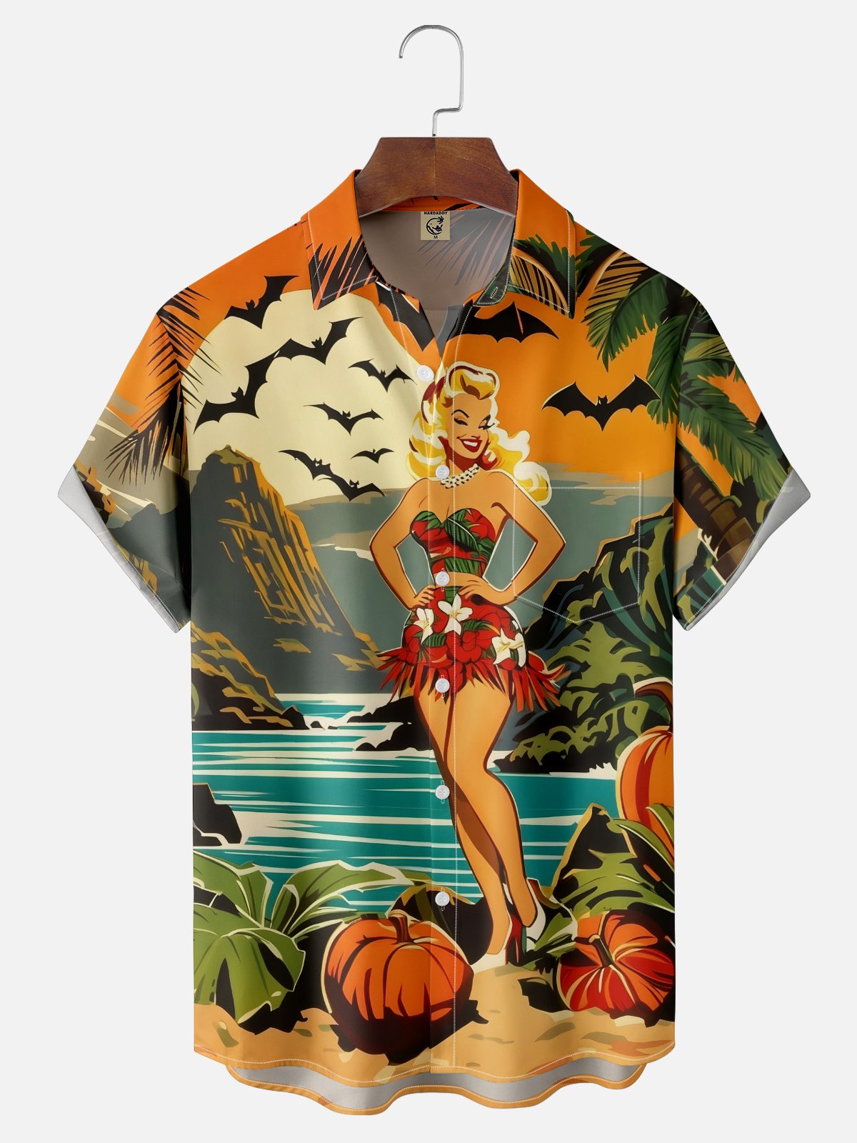 Moisture-Wicking Halloween Retro Beauty Pumpkin Beach Chest Pocket Hawaiian Shirt