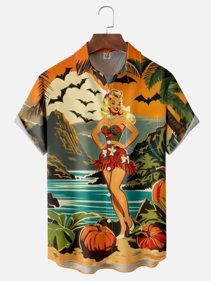 Moisture-Wicking Halloween Retro Beauty Pumpkin Beach Chest Pocket Hawaiian Shirt