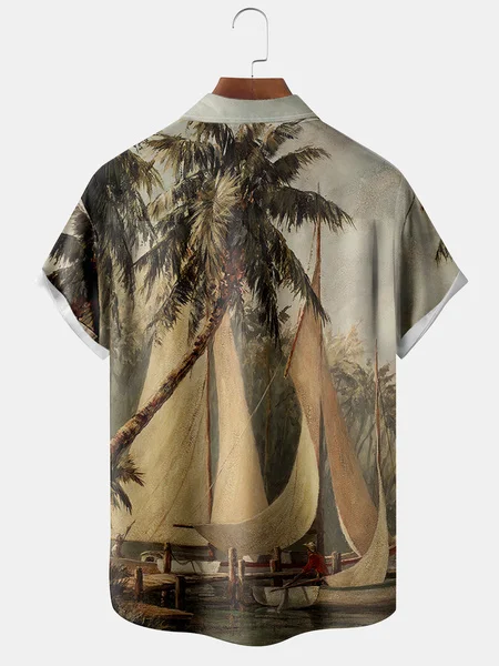 Big Size Coconut Tree Chest Pocket Short Sleeve Hawaiian Shirt