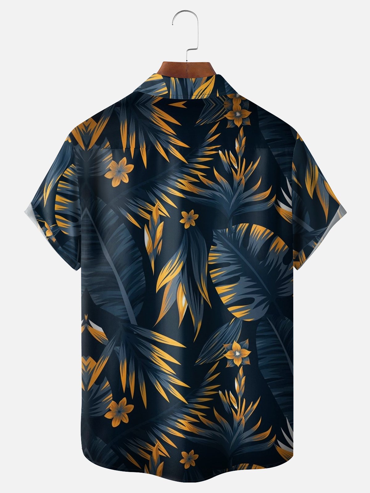 Mens Hawaiian Leaves Print Lapel Loose Chest Pockets Short Sleeve Funky Aloha Shirt