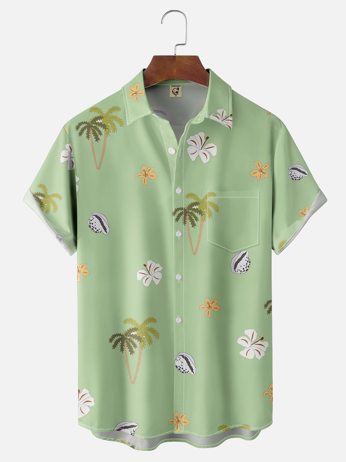 Moisture-wicking Palm Tree Floral Shell Chest Pocket Hawaiian Shirt