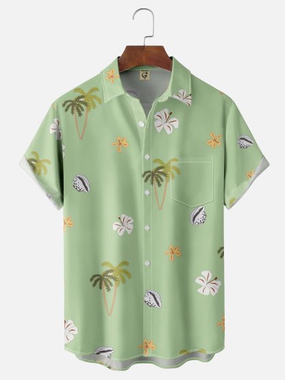 Moisture-wicking Palm Tree Floral Shell Chest Pocket Hawaiian Shirt