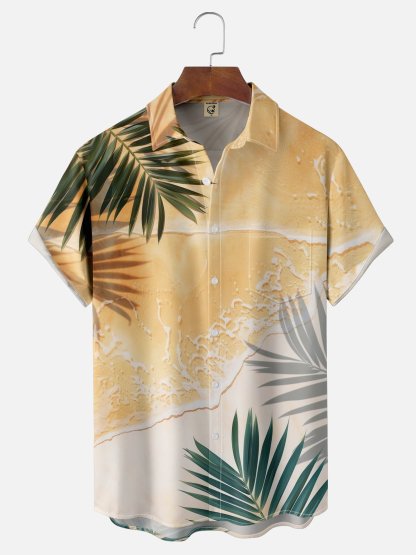Moisture Wicking Hawaiian Beach Plants Chest Pocket Hawaiian Shirt