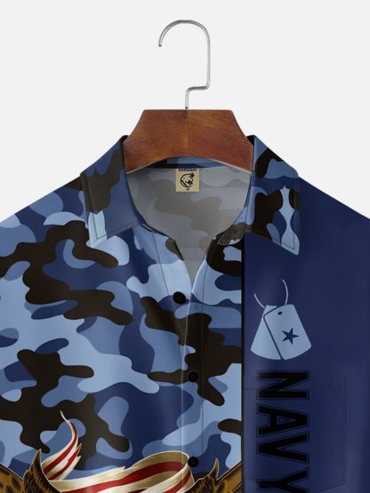 Moisture-Wicking U.S. Independence Day Anniversary Navy Design Chest Pocket Hawaiian Shirt