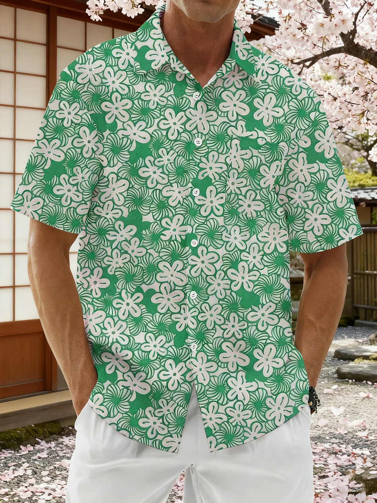 Linen Texture Plants Flowers Cherry Blossoms Chest Pocket Holiday Hawaiian Shirt