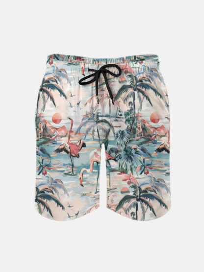 Men's Swim Trunks Hawaiian Tropical Palm Tree Beach Shorts with Pockets