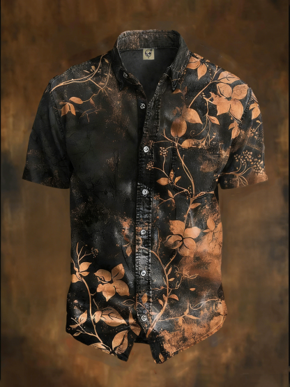 Moisture-Wicking Leaf & Floral Print Chest Pocket Holiday Hawaiian Shirt
