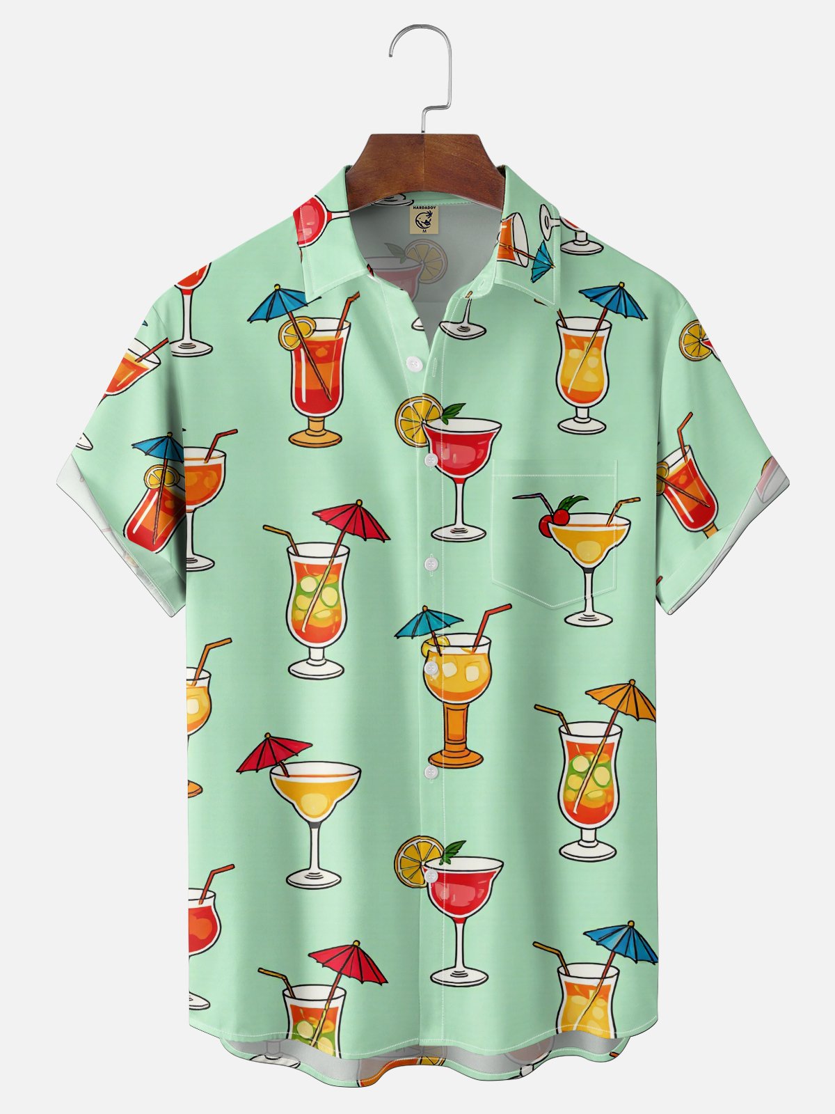 Moisture-Wicking Cocktail & Lemon Slice Print Chest Pocket Hawaiian Shirt