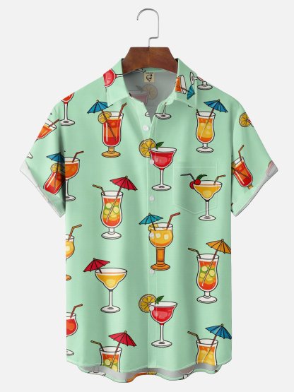 Moisture-Wicking Cocktail & Lemon Slice Print Chest Pocket Hawaiian Shirt
