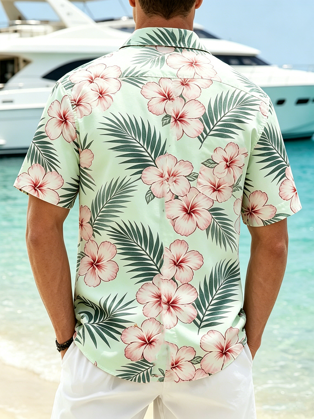 Linen-Texture  Botanical Floral Flamingo Print with Chest Pocket Holiday Hawaiian Shirt
