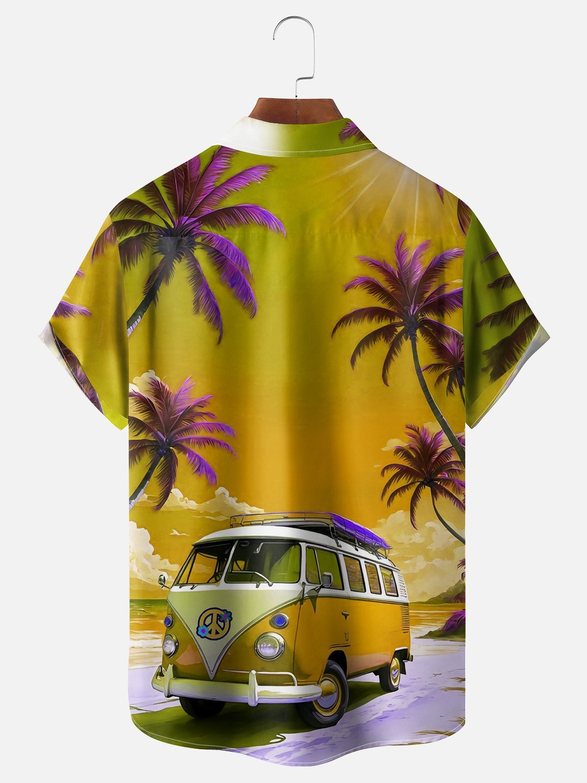 Moisture-wicking Vintage Car Palm Tree Chest Pocket Hawaiian Shirt