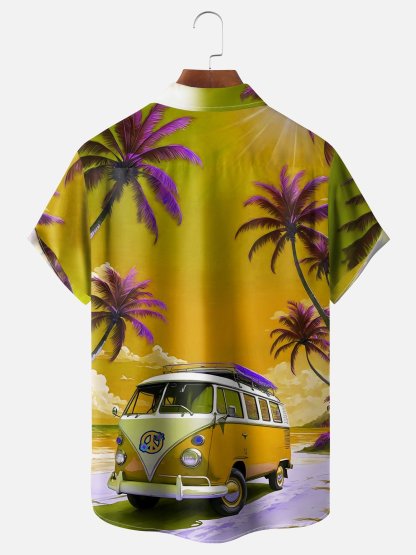 Moisture-wicking Vintage Car Palm Tree Chest Pocket Hawaiian Shirt