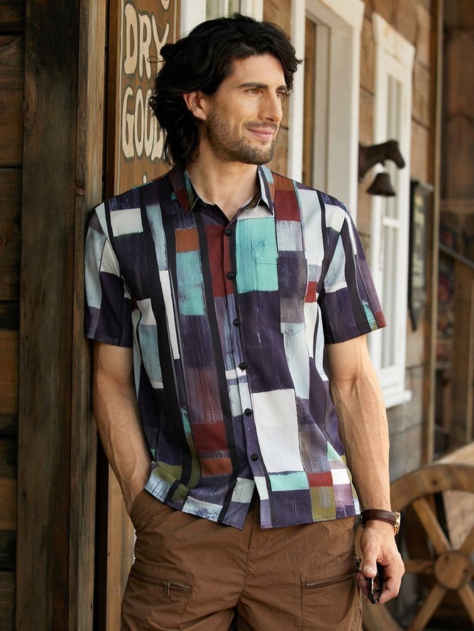 Hawaiian Retro Geometric Abstract Elements Men's Casual Short-sleeved Shirt