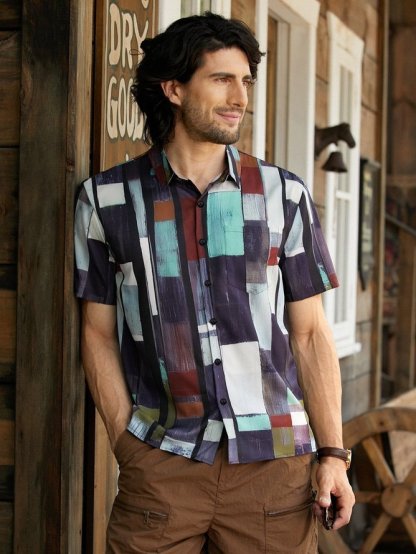 Hawaiian Retro Geometric Abstract Elements Men's Casual Short-sleeved Shirt