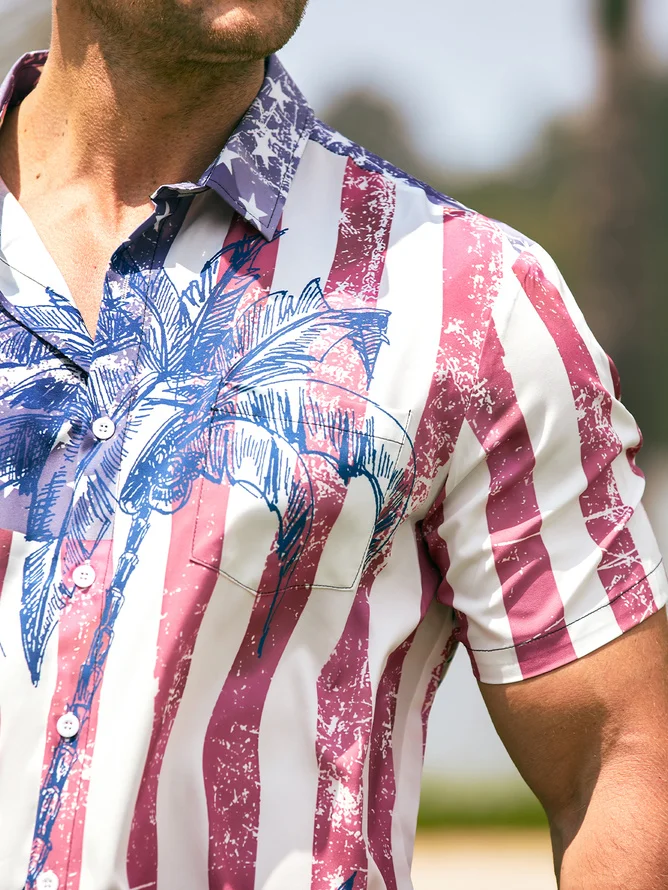 Tall Size Moisture-wicking American Flag Palm Tree Chest Pocket Hawaiian Shirt