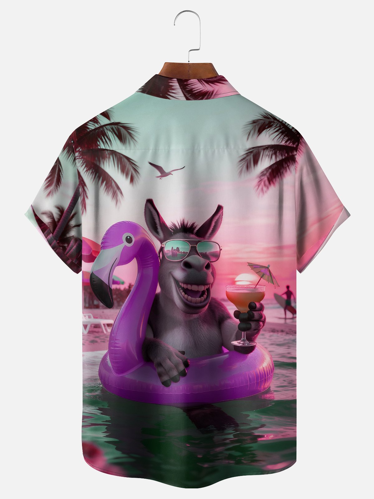 Moisture-wicking Donkey Flamingo Coconut Tree Beach Chest Pocket Hawaiian Shirt