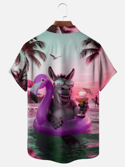 Moisture-wicking Donkey Flamingo Coconut Tree Beach Chest Pocket Hawaiian Shirt