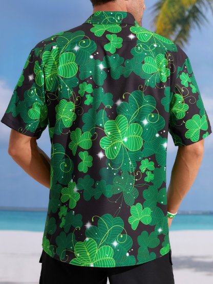 Hawaiian Button Up Shirt for Men Green St. Patrick's Day Lucky Clover Gold Coins Beauty Regular Fit Short Sleeve Shirt St Paddy's Day Shirt