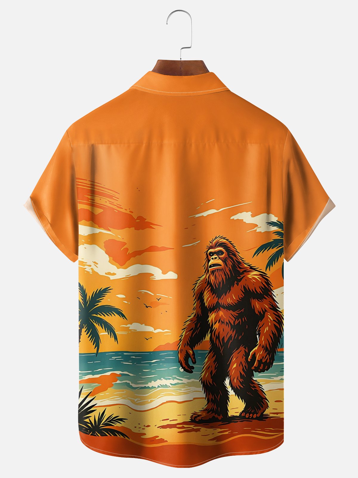 Moisture-Wicking Gradient Coconut Trees Beach And Bigfoot Print Chest Pocket Hawaiian Shirt
