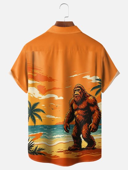 Moisture-Wicking Gradient Coconut Trees Beach And Bigfoot Print Chest Pocket Hawaiian Shirt
