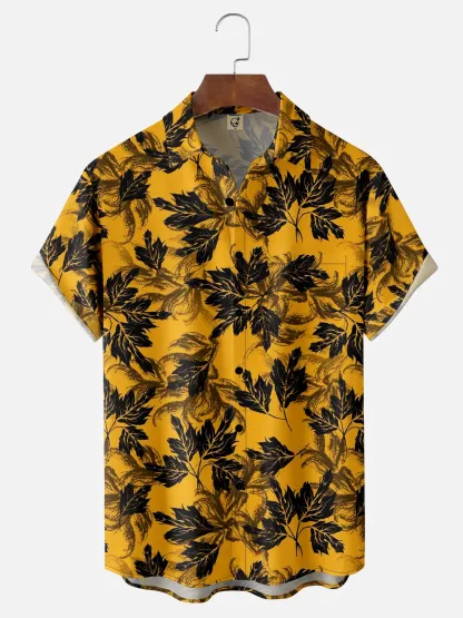 Moisture-wicking Tropical Leaves Chest Pocket Hawaiian Shirt
