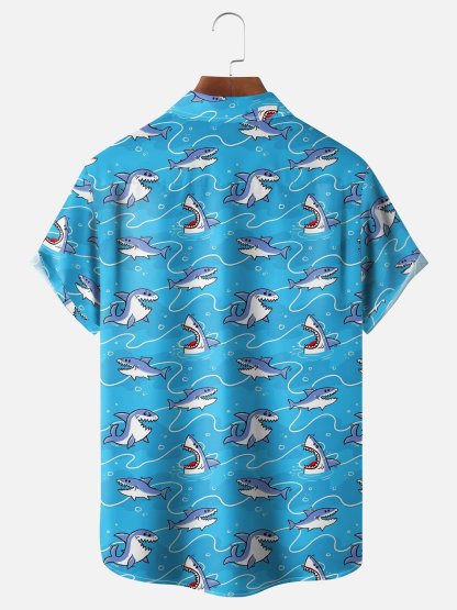 Moisture-wicking Shark Ocean Cartoon Chest Pocket Hawaiian Shirt