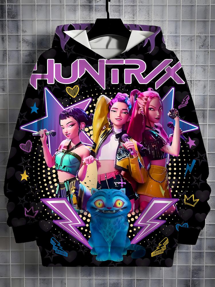 Girls Kpop Demon Hunters Han Style Huntrix Hoodie Set, Casual Fall Winter Sportswear, Fitted Random Print Design, Durable Outdoor Activities