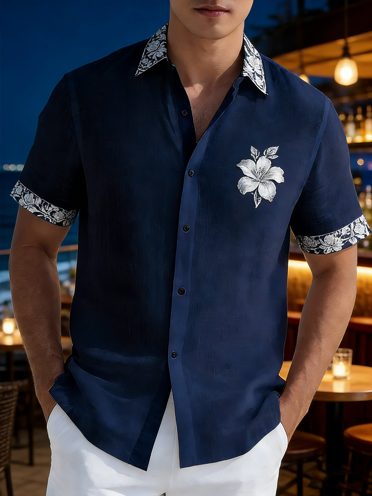 Moisture Wicking Floral Chest Pocke Holiday Hawaiian Shirt
