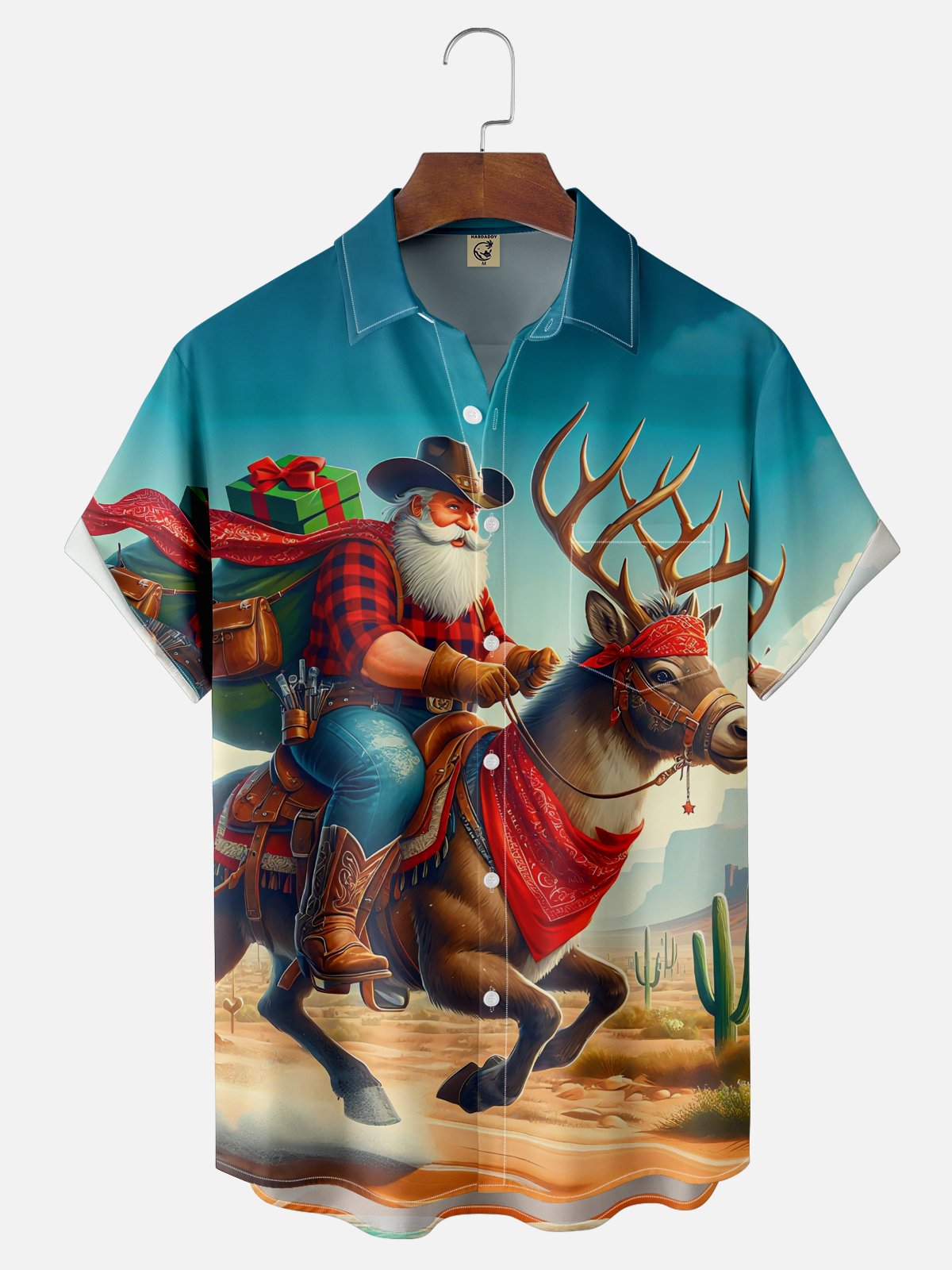 Moisture-wicking Western Cowboy Santa Claus Elk Cactus Chest Pocket Hawaiian Shirt