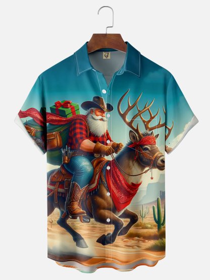 Moisture-wicking Western Cowboy Santa Claus Elk Cactus Chest Pocket Hawaiian Shirt