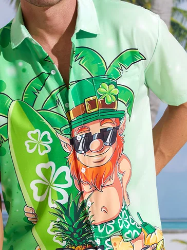 Hawaiian Button Up Shirt for Men Green St. Patrick's Day Lucky Clover Beach Paddleboard Regular Fit Short Sleeve Shirt St Paddy's Day Shirt