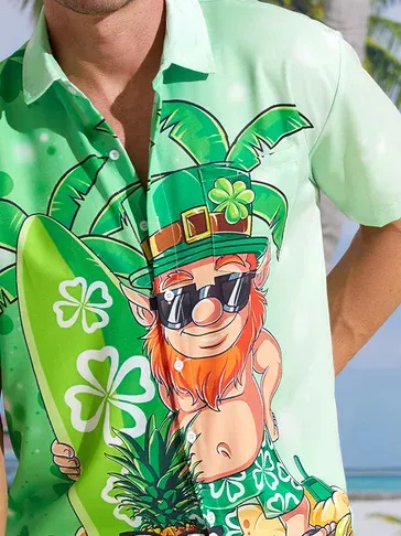 Hawaiian Button Up Shirt for Men Green St. Patrick's Day Lucky Clover Beach Paddleboard Regular Fit Short Sleeve Shirt St Paddy's Day Shirt