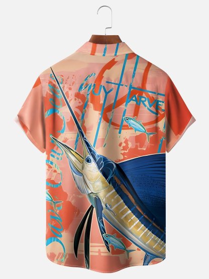 Moisture-wicking Swordfish Ocean Chest Pocket Hawaiian Shirt