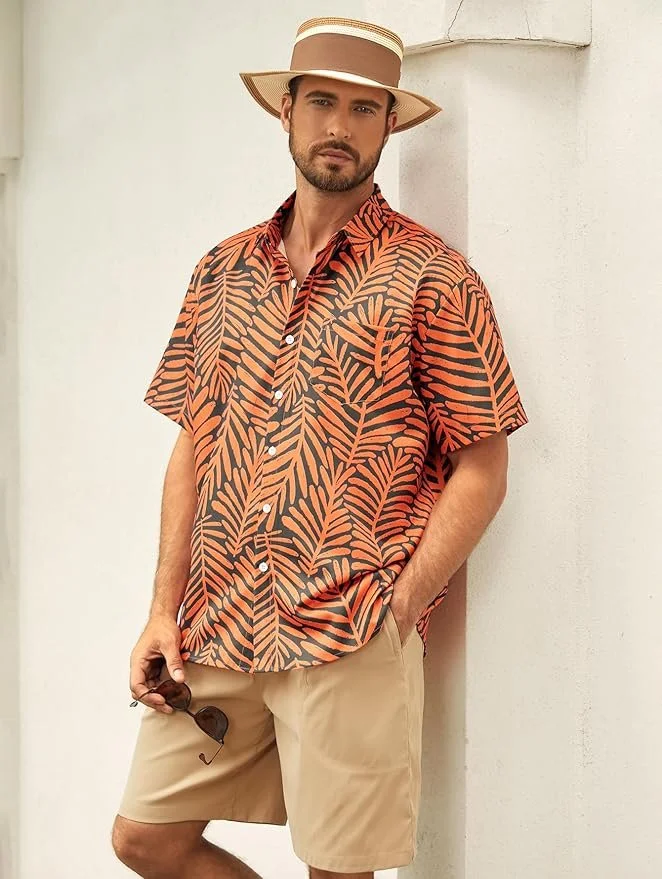 Leaf Chest Pocket Short Sleeve Beach Hawaiian Shirt