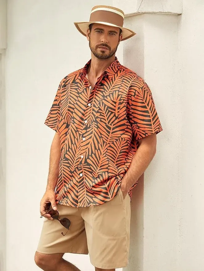 Leaf Chest Pocket Short Sleeve Beach Hawaiian Shirt