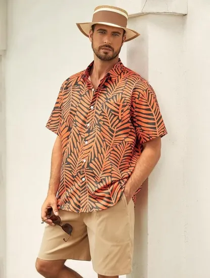 Leaf Chest Pocket Short Sleeve Beach Hawaiian Shirt