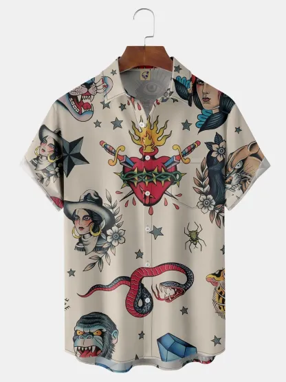 Retro Beauty Tattoo Chest Pocket Short Sleeve Hawaiian Shirt