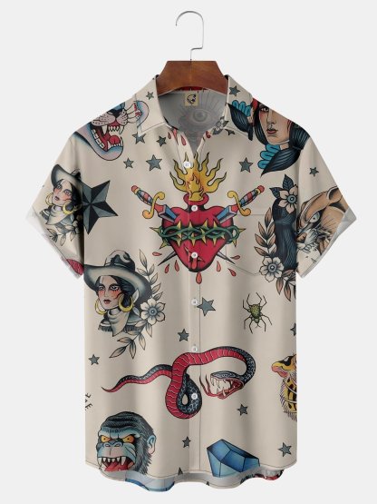 Retro Beauty Tattoo Chest Pocket Short Sleeve Hawaiian Shirt
