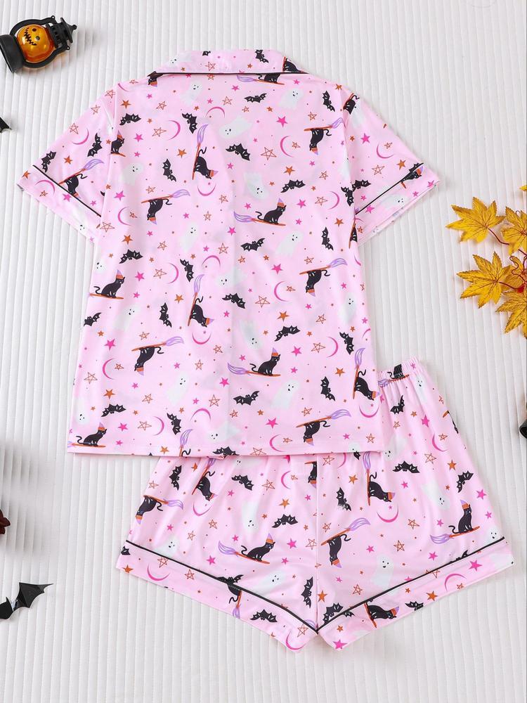 【Halloween】Women's Halloween Pajama Set, Cute Pumpkin Ghost Print, Short Sleeve Lapel Shirt & Elastic Shorts, Casual All-Season Sleepwear