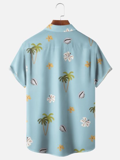 Moisture-wicking Palm Tree Floral Shell Chest Pocket Hawaiian Shirt