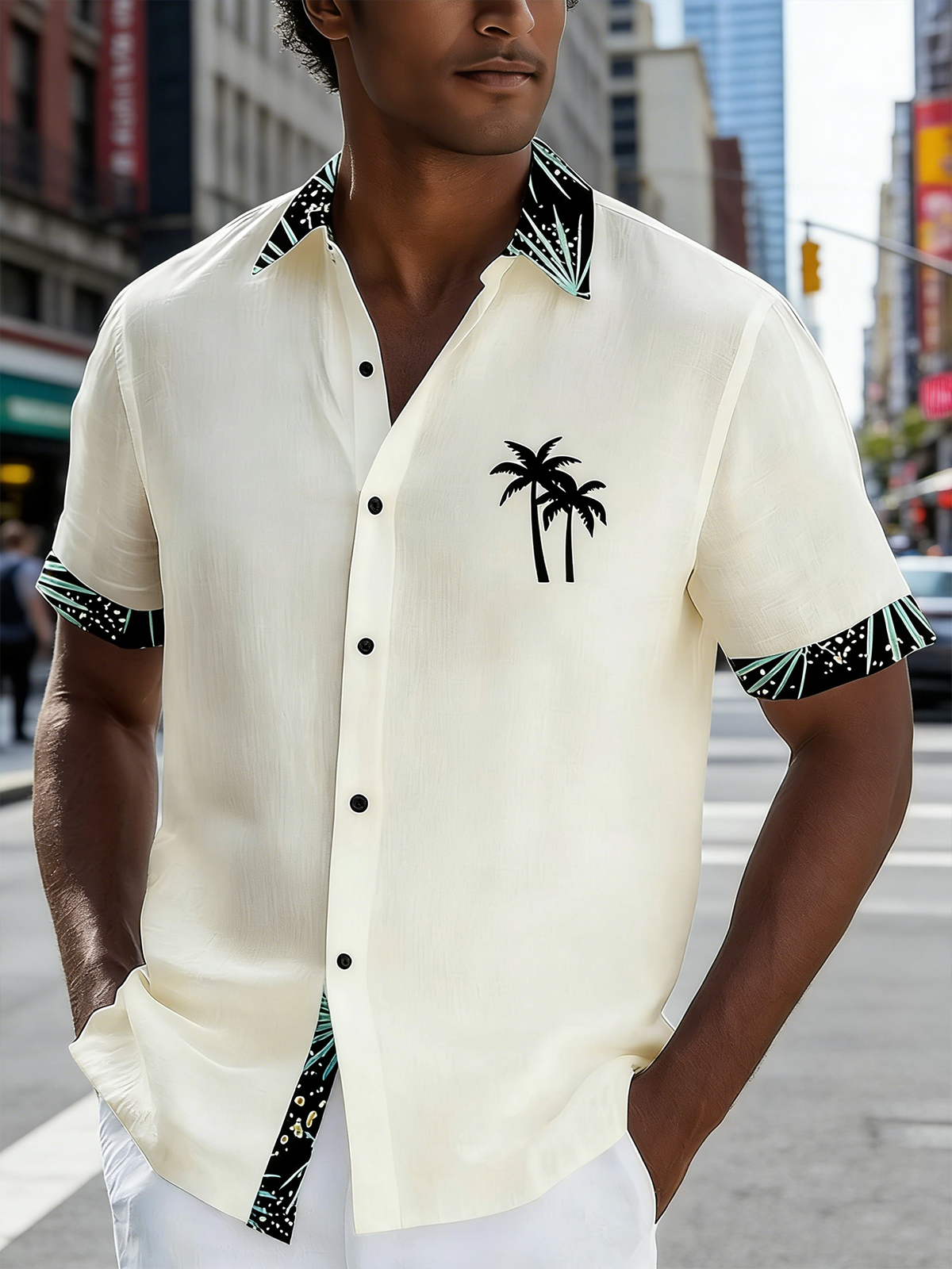 Linen Texture Solid & Botanical Floral Patchwork Chest Pocket Holiday Hawaiian Shirt