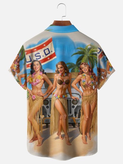 Moisture Wicking Beach Grass Skirt Beauty Chest Pocket Hawaiian Shirt