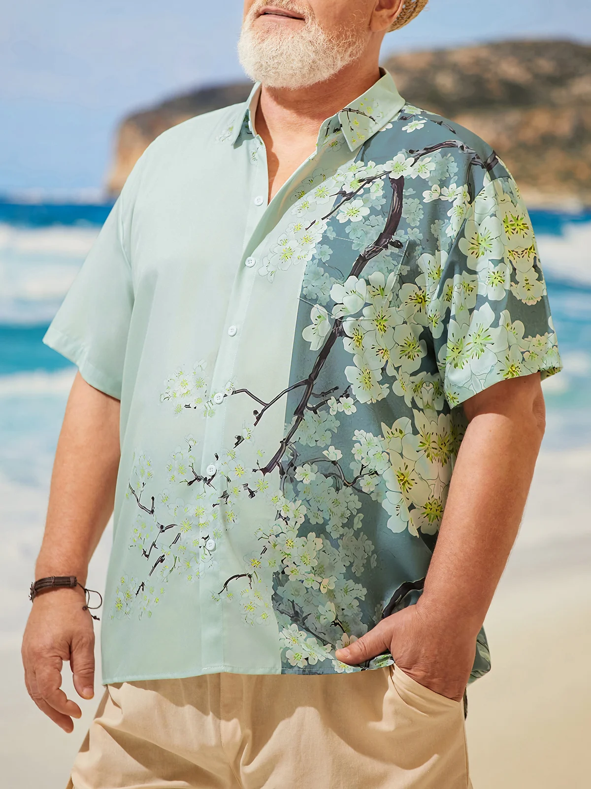 Big Size Floral Sakura Chest Pocket Short Sleeve Hawaiian Shirt