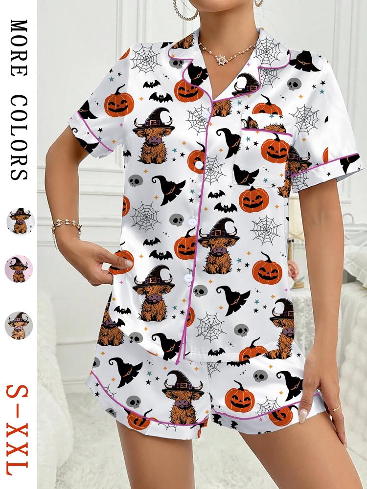 Halloween Highland Cow Two-Piece Set, Sleepwear, Short Sleeve Button-Up Top & Shorts, Casual Home Wear