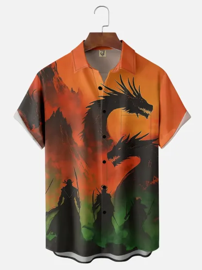Moisture Wicking Ukiyo-e Samurai Dragon Chest Pocket Hawaiian Shirt