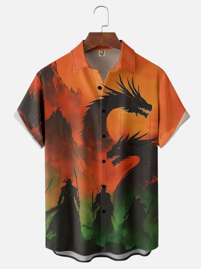 Moisture Wicking Ukiyo-e Samurai Dragon Chest Pocket Hawaiian Shirt