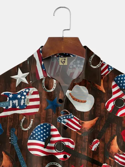 Moisture-wicking American Flag Guitar Chest Pocket Hawaiian Shirt