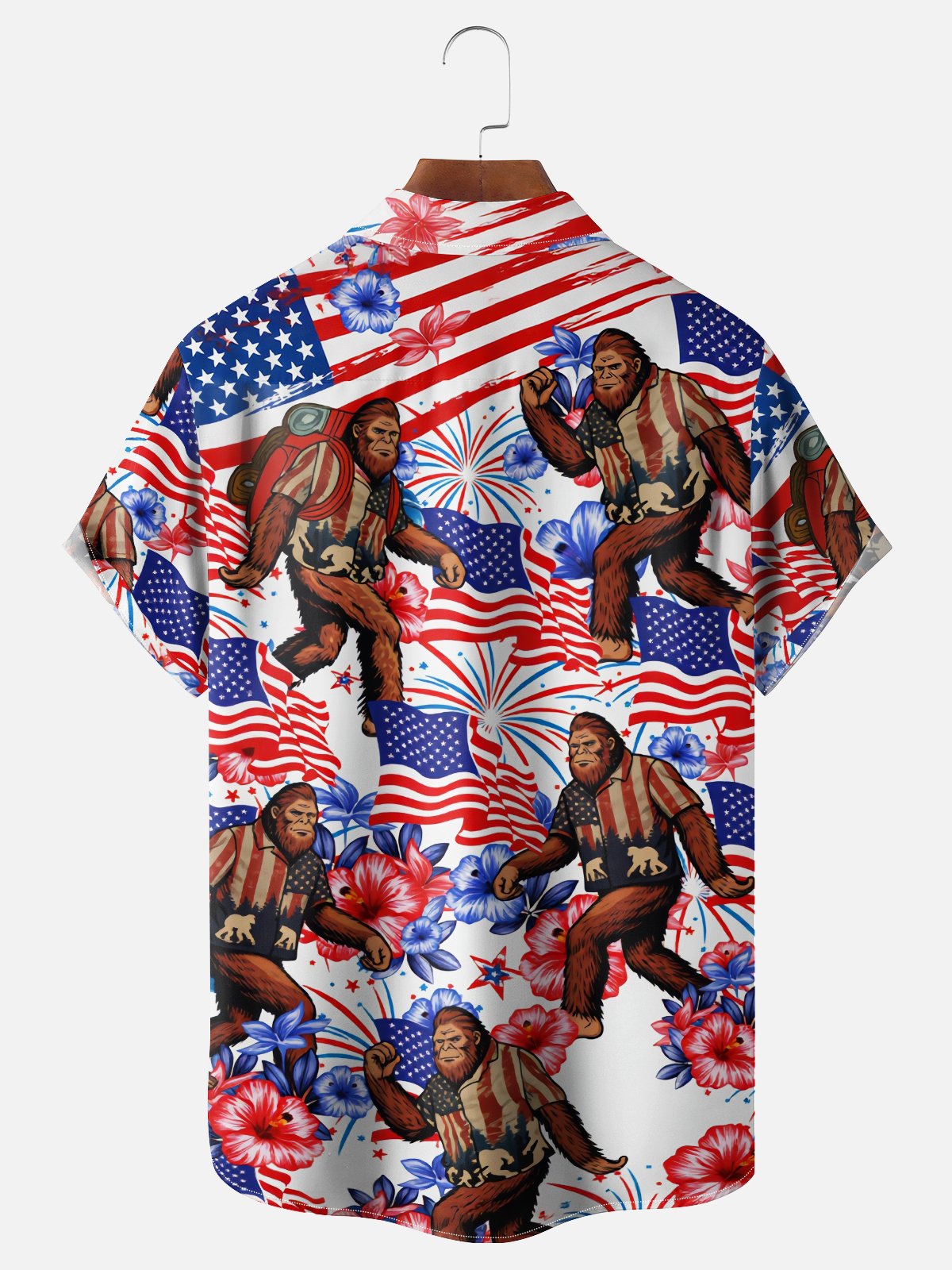 Moisture Wicking American Independence Day Anniversary Flag Plants Flowers Bigfoot Chest Pocke Holiday Hawaiian Shirt